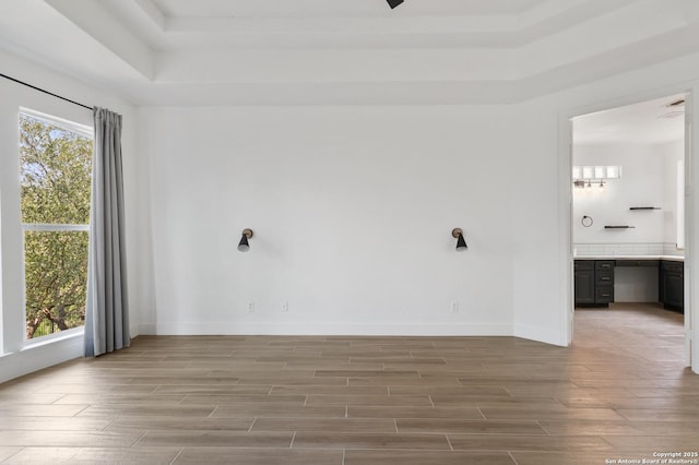 empty room featuring a raised ceiling, wood finished floors, baseboards, and plenty of natural light