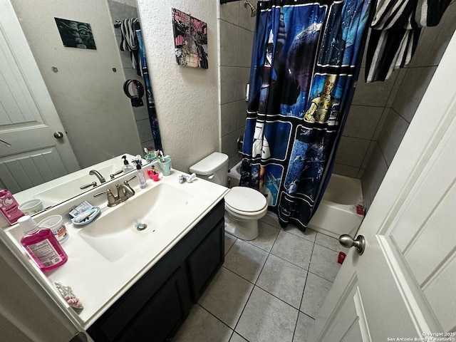 bathroom with a textured wall, shower / bathtub combination with curtain, tile patterned flooring, and toilet