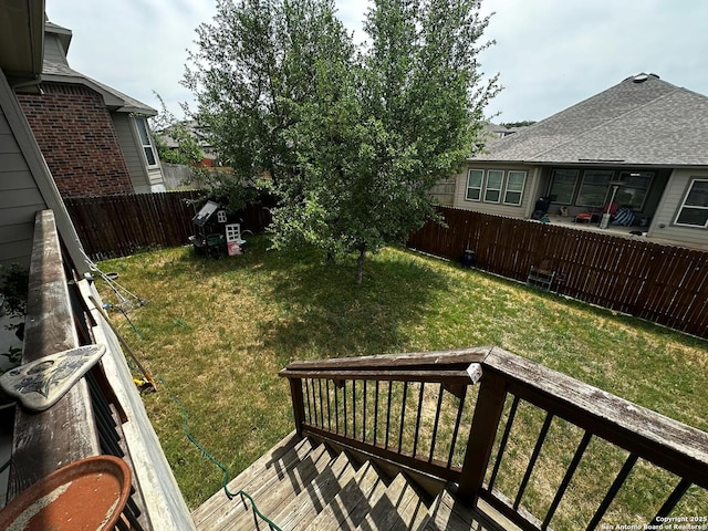 view of yard featuring a fenced backyard and a deck