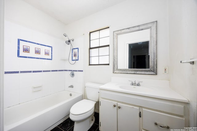 full bathroom with shower / bathtub combination, vanity, and toilet