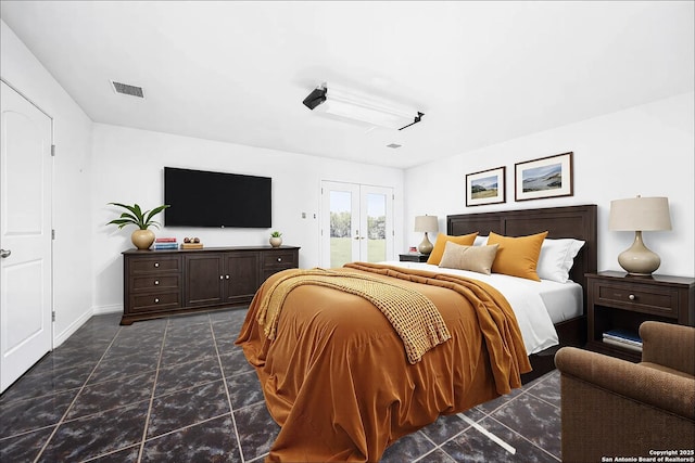 bedroom with visible vents, access to exterior, baseboards, and french doors