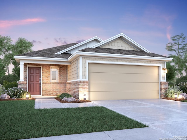 4265 Carlotta Dr, New Braunfels, TX 78130 - view of front of house with brick siding, concrete driveway, an attached garage, and a front lawn