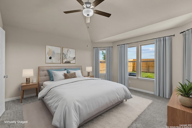 4265 Carlotta Dr, New Braunfels, TX 78130 - bedroom featuring lofted ceiling, light colored carpet, baseboards, multiple windows, and ceiling fan
