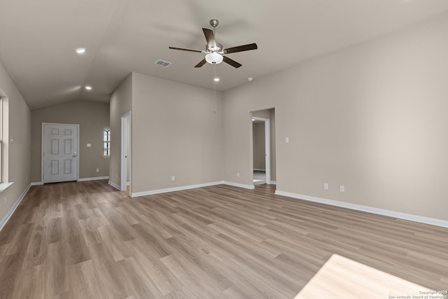 4265 Carlotta Dr, New Braunfels, TX 78130 - empty room featuring ceiling fan, light wood-style floors, lofted ceiling, baseboards, and recessed lighting