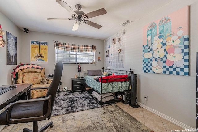 324 Craddock, San Marcos, TX 78666 - tiled bedroom featuring visible vents, baseboards, and ceiling fan