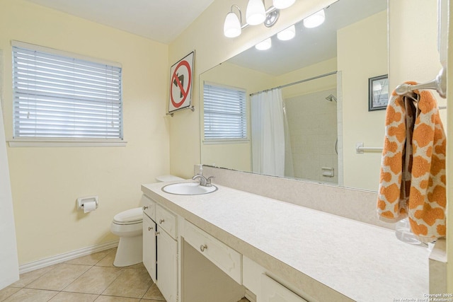 324 Craddock, San Marcos, TX 78666 - bathroom featuring curtained shower, tile patterned flooring, toilet, vanity, and baseboards