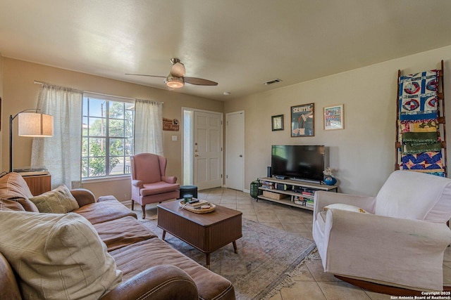 324 Craddock, San Marcos, TX 78666 - living area featuring a ceiling fan, visible vents, and light tile patterned floors