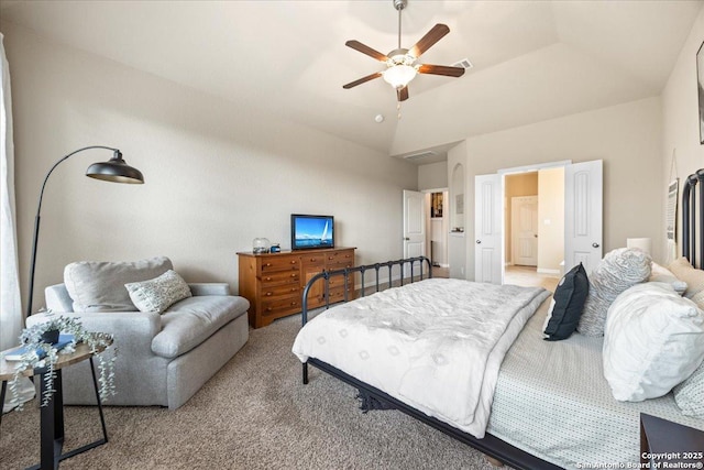 carpeted bedroom featuring visible vents, high vaulted ceiling, and ceiling fan