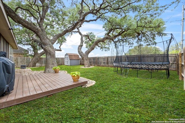 view of yard featuring a trampoline, a shed, and a fenced backyard