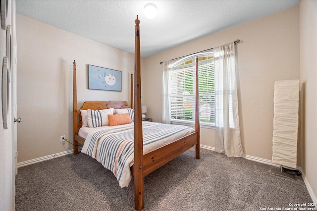 bedroom featuring carpet floors, a textured ceiling, and baseboards