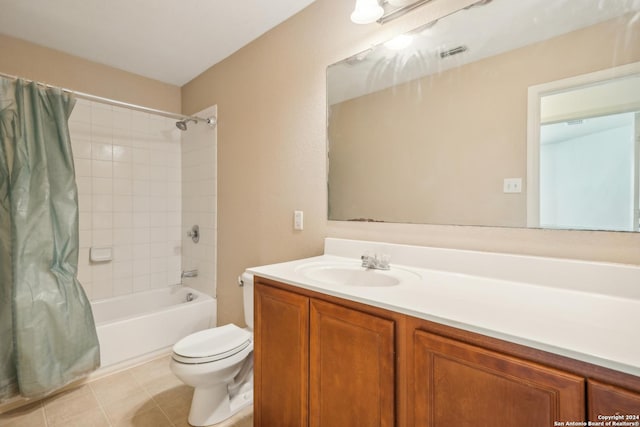 full bathroom featuring shower / bathtub combination with curtain, vanity, tile patterned floors, toilet, and visible vents