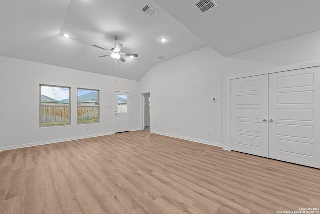 unfurnished living room featuring light wood finished floors, a ceiling fan, and visible vents