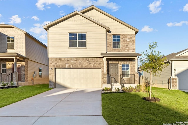 view of front of home featuring driveway, brick siding, a front yard, and a garage