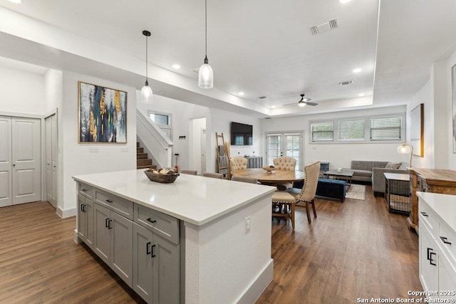 kitchen with dark wood-style flooring, open floor plan, ceiling fan, and gray cabinetry