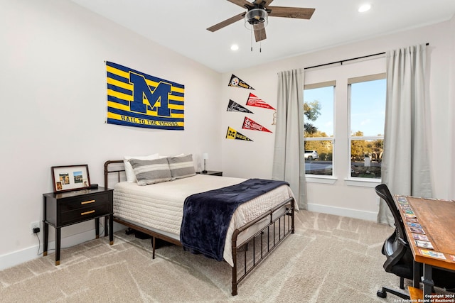 bedroom featuring baseboards, a ceiling fan, carpet floors, and recessed lighting