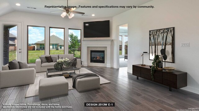 307 Haby Holw, San Antonio, TX 78253 - living room featuring wood finished floors, a glass covered fireplace, ceiling fan, visible vents, and recessed lighting
