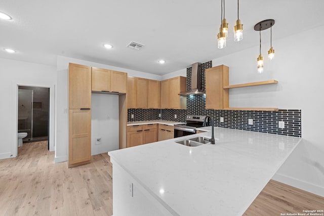kitchen with open shelves, electric stove, a sink, wall chimney exhaust hood, and a peninsula