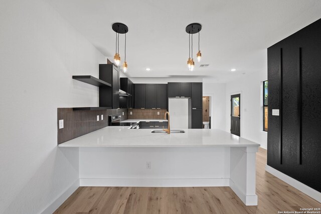 kitchen with stainless steel range with electric cooktop, backsplash, light countertops, a sink, and a peninsula