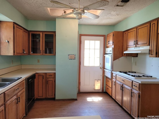kitchen featuring under cabinet range hood, brown cabinetry, white appliances, and a warming drawer