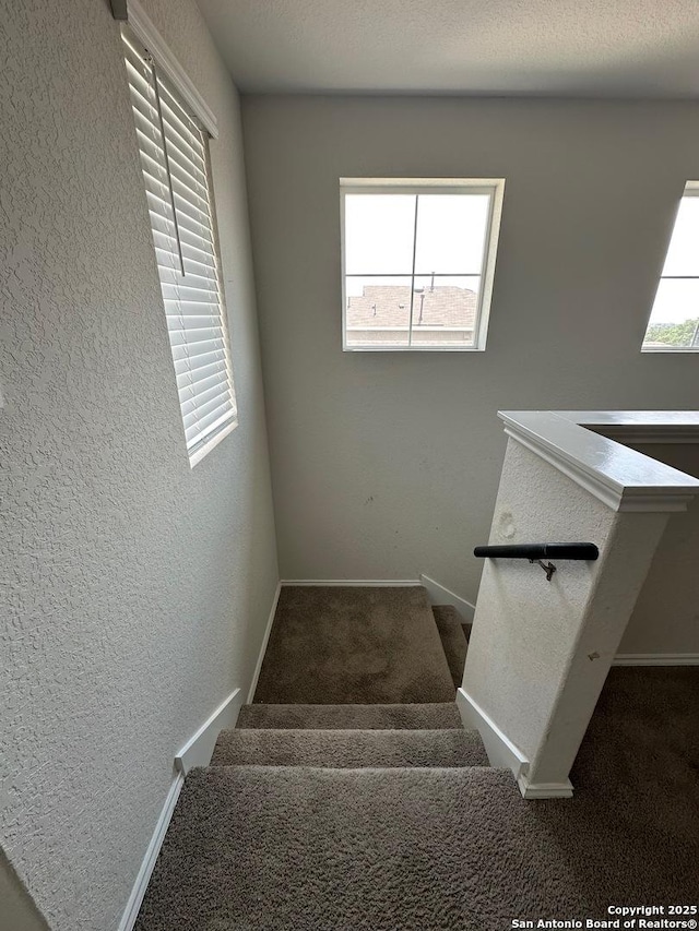 staircase featuring a textured wall, baseboards, and carpet