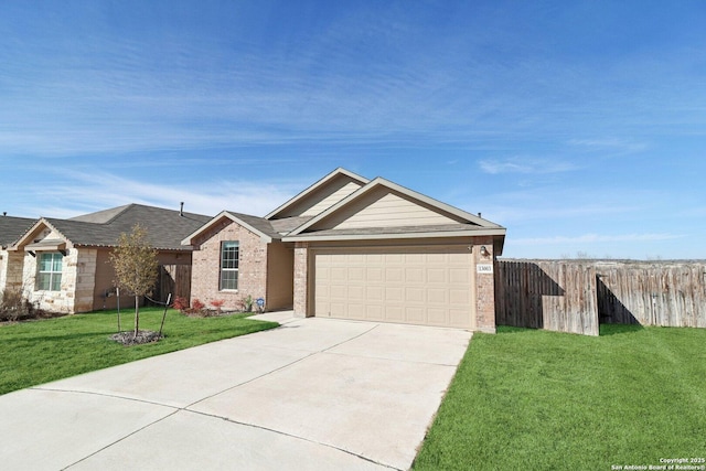 ranch-style home featuring concrete driveway, a front lawn, an attached garage, fence, and brick siding