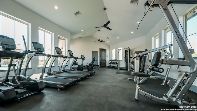 gym featuring lofted ceiling, a ceiling fan, visible vents, and recessed lighting