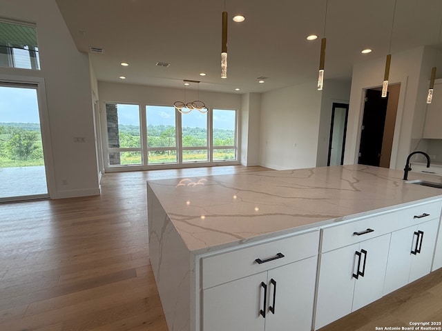 13331 Roundup, San Antonio, TX 78245 - kitchen featuring healthy amount of natural light, light wood-style floors, recessed lighting, open floor plan, and light stone counters