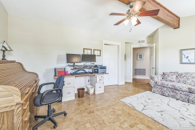 office featuring visible vents, a ceiling fan, and vaulted ceiling with beams
