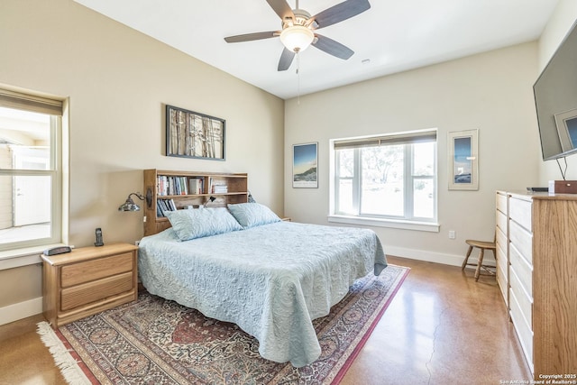 bedroom featuring ceiling fan, baseboards, and concrete flooring