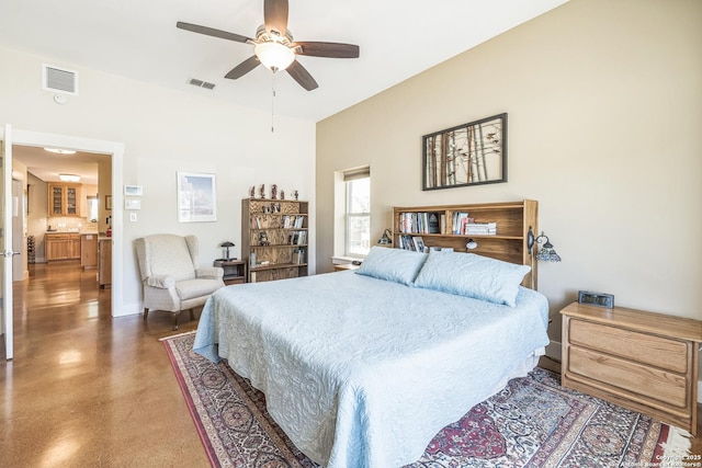 bedroom featuring visible vents, a ceiling fan, and baseboards