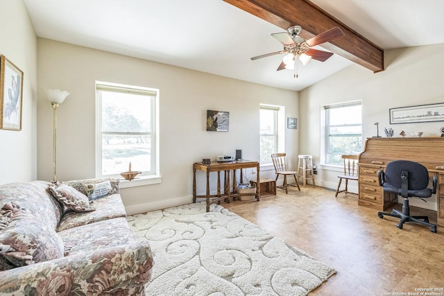 office with baseboards, vaulted ceiling with beams, and ceiling fan