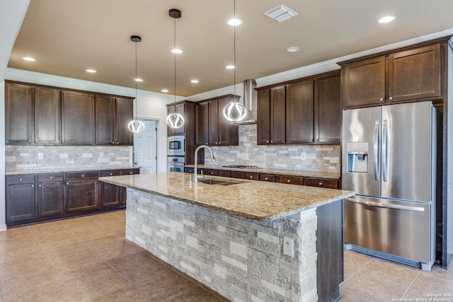 6222 Amber Rose, San Antonio, TX 78253 - kitchen featuring visible vents, a sink, light stone countertops, dark brown cabinetry, and appliances with stainless steel finishes