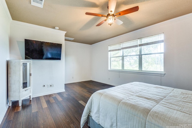 6222 Amber Rose, San Antonio, TX 78253 - bedroom with wood finished floors, visible vents, ornamental molding, baseboards, and ceiling fan