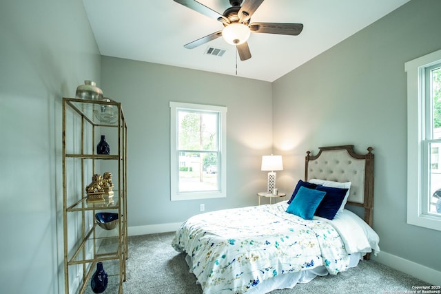 227 Quentin, San Antonio, TX 78201 - carpeted bedroom featuring ceiling fan, visible vents, baseboards, and multiple windows