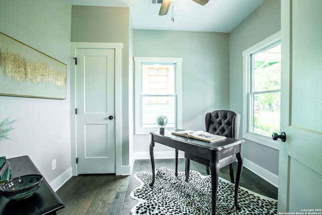 227 Quentin, San Antonio, TX 78201 - office area with ceiling fan, baseboards, and dark wood-style flooring