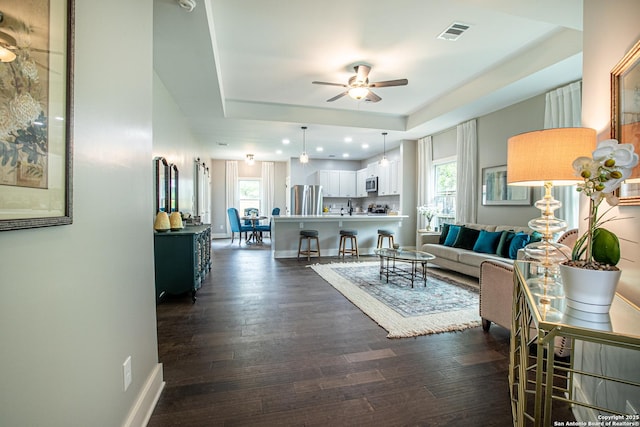 227 Quentin, San Antonio, TX 78201 - living area with visible vents, a ceiling fan, a tray ceiling, and dark wood-style flooring
