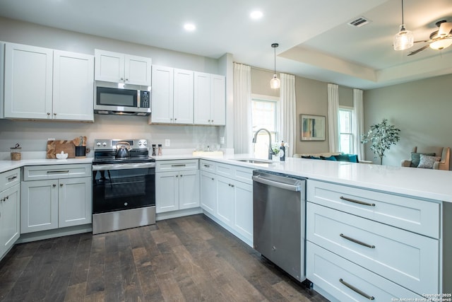 227 Quentin, San Antonio, TX 78201 - kitchen featuring stainless steel appliances, a peninsula, dark wood-style floors, a sink, and visible vents