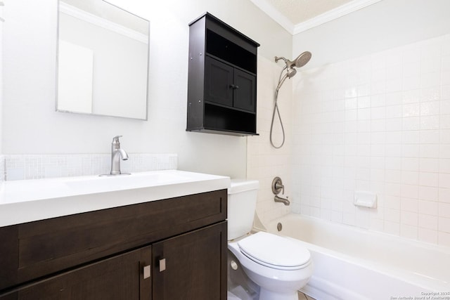 full bath with crown molding, decorative backsplash, vanity, shower / washtub combination, and toilet