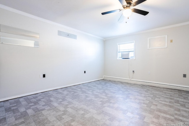 unfurnished room featuring ceiling fan, baseboards, ornamental molding, and baseboard heating