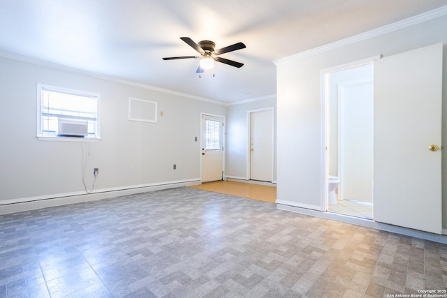 unfurnished room featuring ornamental molding, baseboards, and a ceiling fan