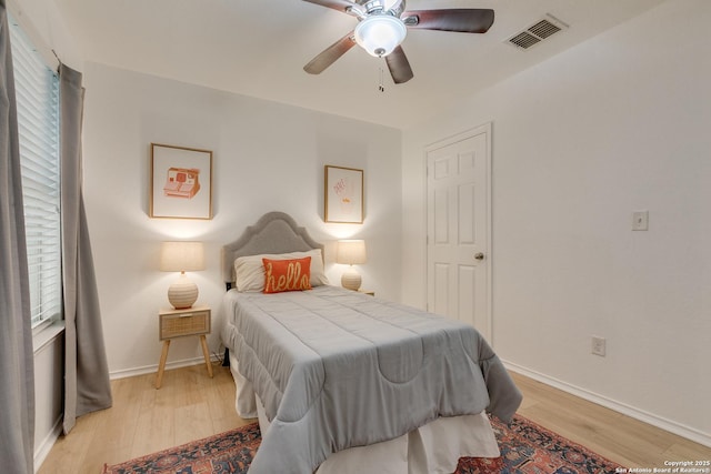 8934 Oakwood, San Antonio, TX 78254 - bedroom featuring baseboards, a ceiling fan, visible vents, and light wood-style flooring