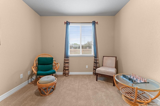 sitting room featuring carpet and baseboards
