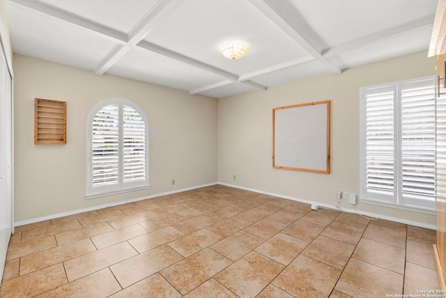 empty room featuring coffered ceiling, beamed ceiling, and baseboards
