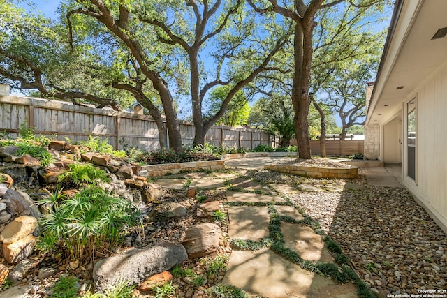 view of yard with a fenced backyard and a patio
