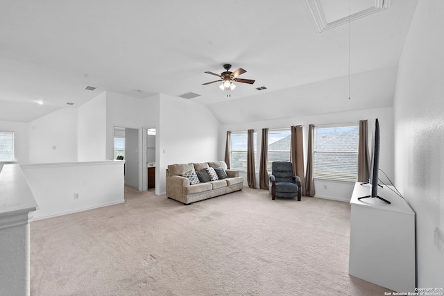 living room featuring attic access, vaulted ceiling, visible vents, and light carpet