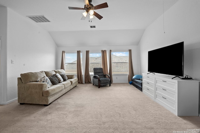 living room with lofted ceiling, visible vents, a ceiling fan, and light carpet
