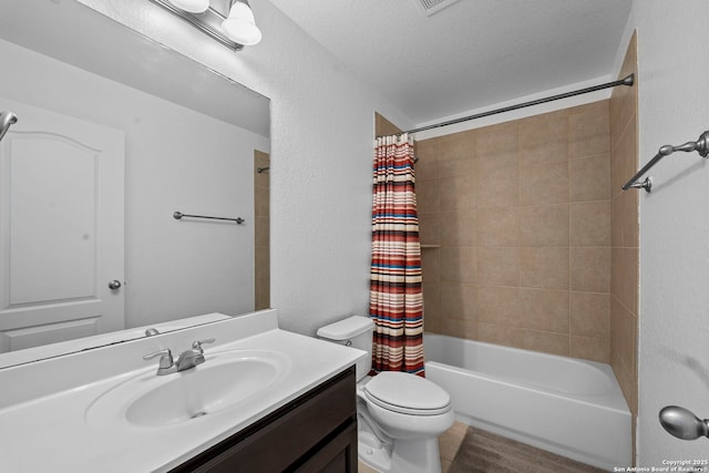 bathroom with toilet, vanity, and shower / bathtub combination with curtain