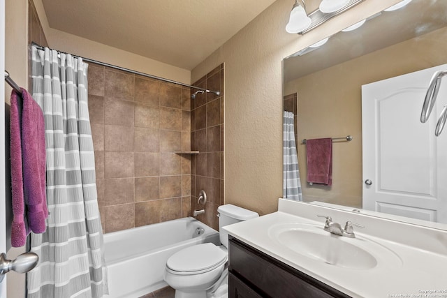 full bath with a textured wall, toilet, vanity, and shower / bath combination with curtain