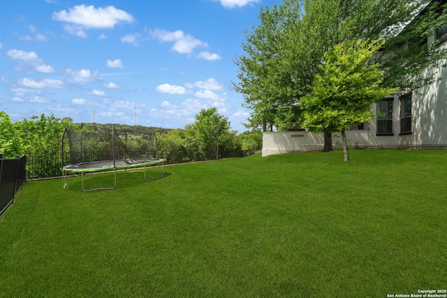 view of yard featuring a fenced backyard and a trampoline
