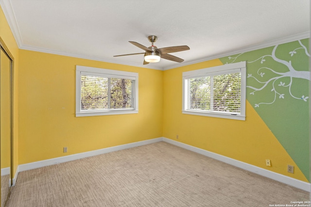 unfurnished bedroom with baseboards, ornamental molding, and a closet